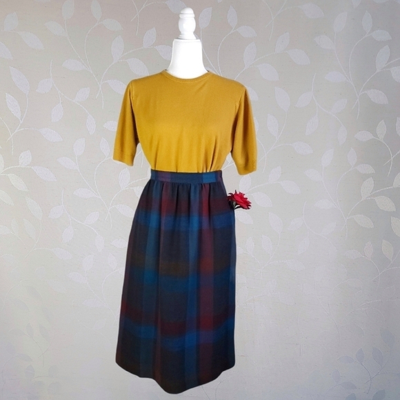 Vintage Buffalo Plaid Dark Academia Wool Midi Skirt Jewel Red Teal Prophecy - Picture 2 of 15